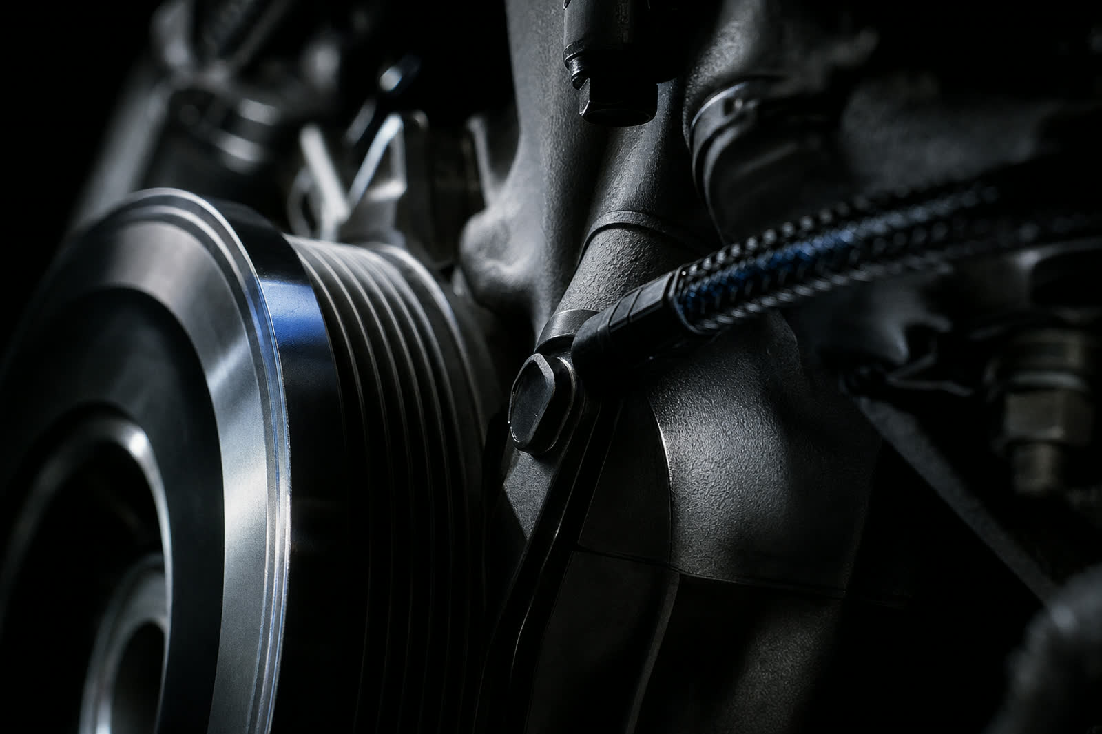 Close-up of an engine bay showing a machined pulley, braided hose and hex fasteners under cool light.