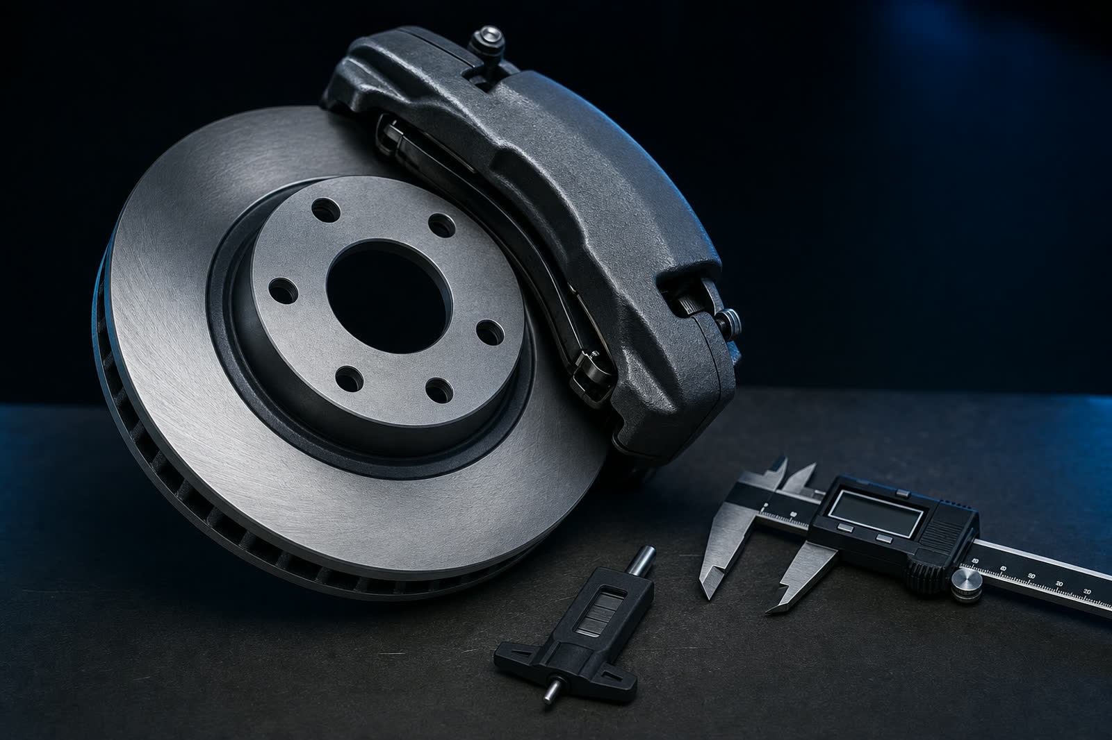 A brake rotor and caliper on a workbench next to a digital caliper and a tread-depth gauge.
