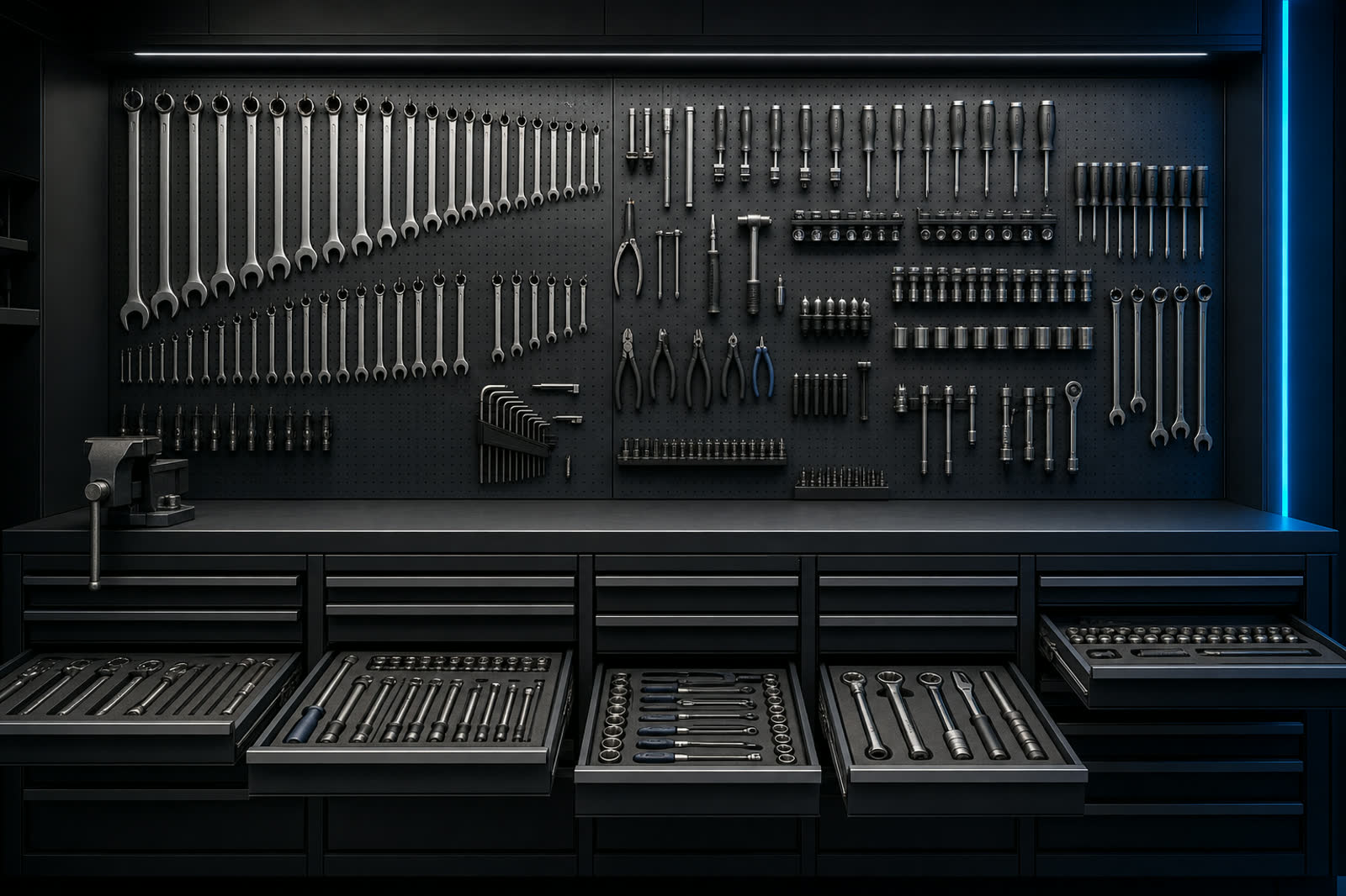 An organized workshop tool wall with wrenches and sockets in exact rows above a graphite workbench.