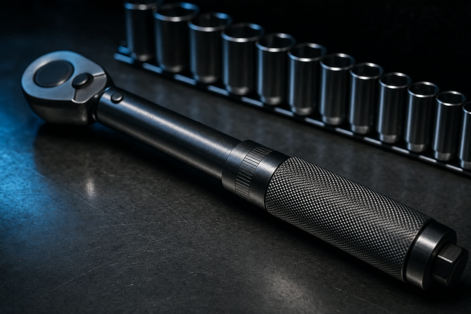 A precision torque wrench resting on a workbench beside a row of sockets.